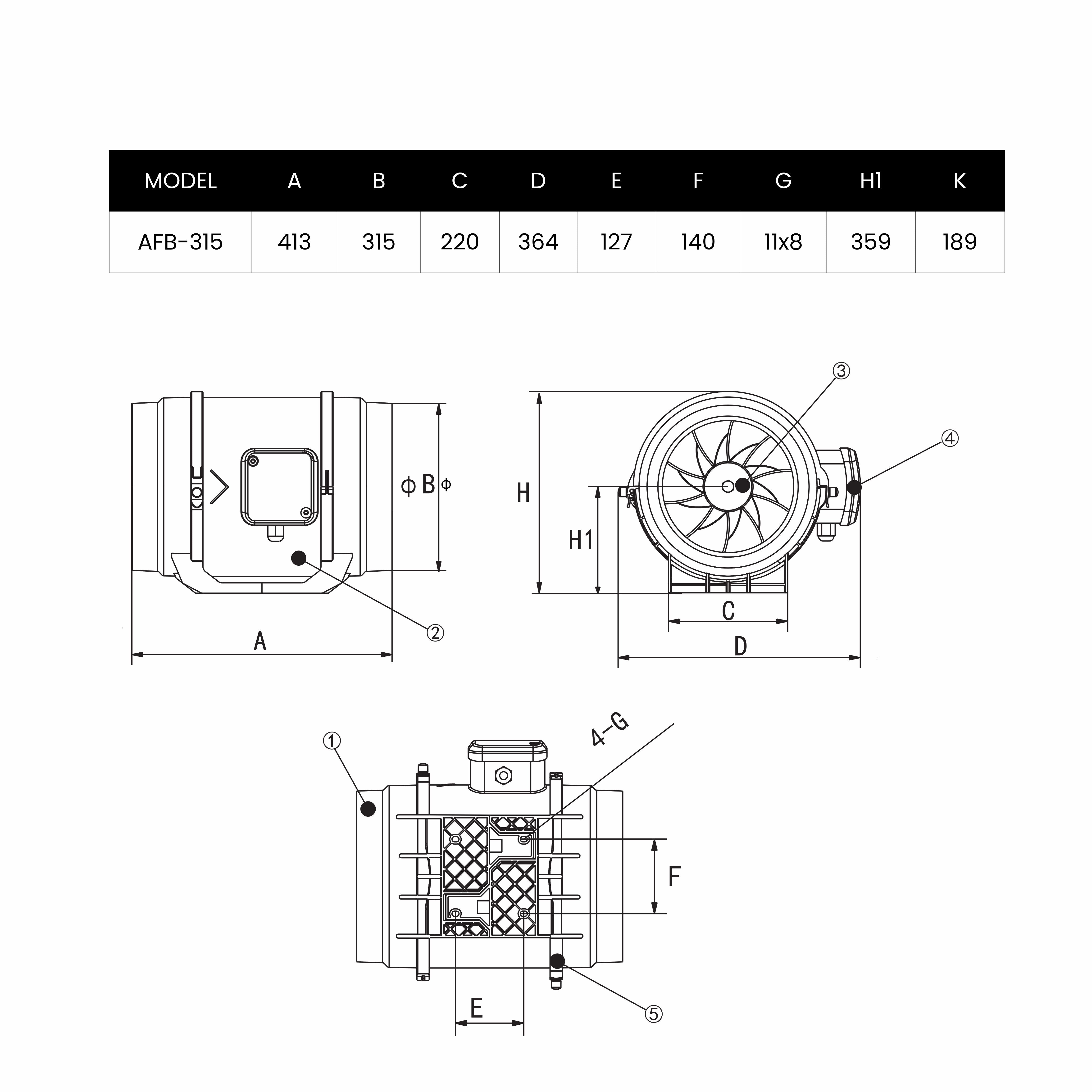 ASTBERG BLACK MIXFLOW CIRCULAR INLINE DUCT VENTILATION FAN WITH SWITCH AFB315 315MM 12"