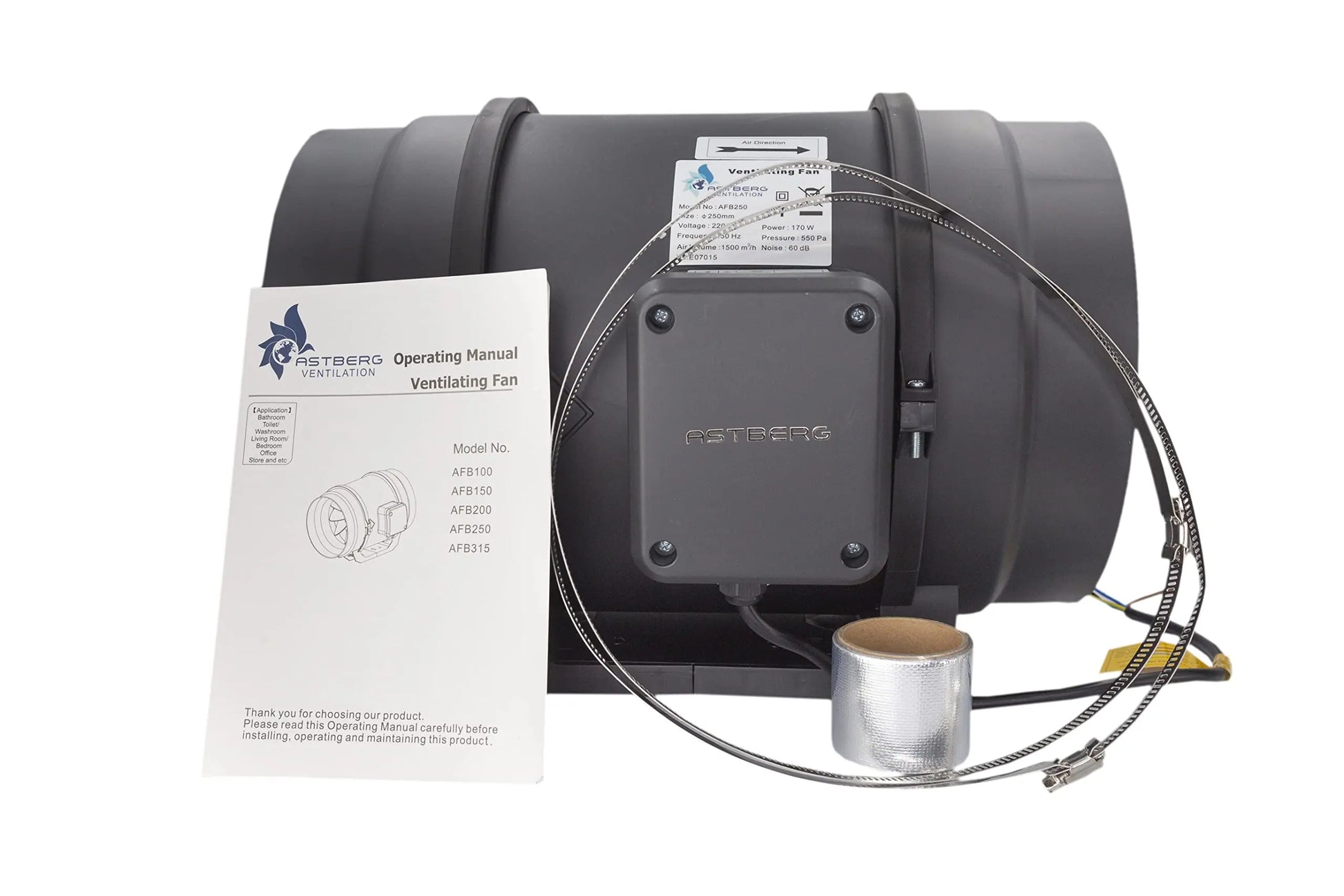 Astberg AFB250 (250mm/10) (1500CMH/882CFM) Silent mix flow / Inline fan / Duct fan / Inline duct fan / Fresh Air Ventilation System - Astberg Ventilation