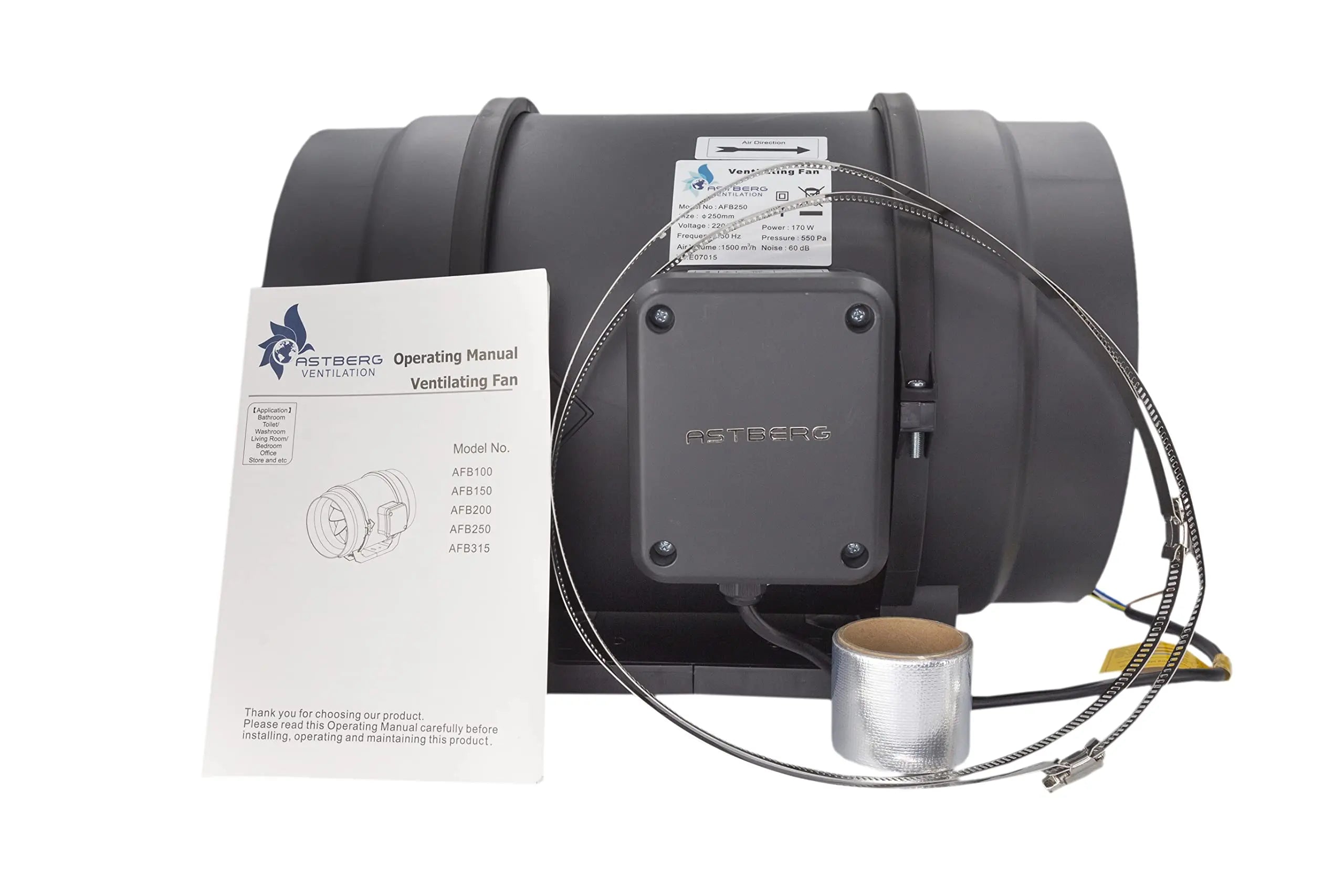Astberg AFB250 (250mm/10) (1500CMH/882CFM) Silent mix flow / Inline fan / Duct fan / Inline duct fan / Fresh Air Ventilation System - Astberg Ventilation
