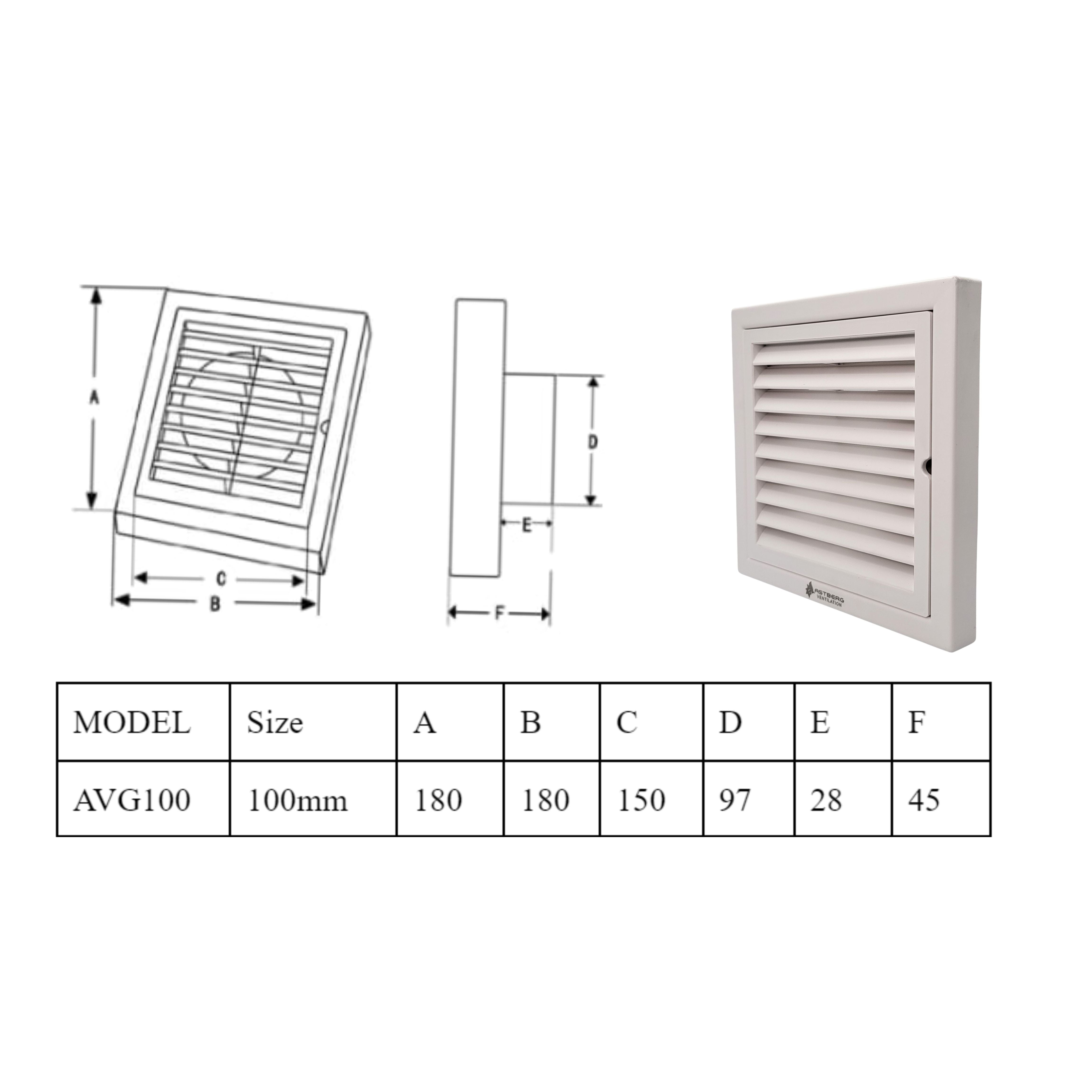 Astberg ABS OUTER SQUARE GRILL WITH MESH  100MM 4"