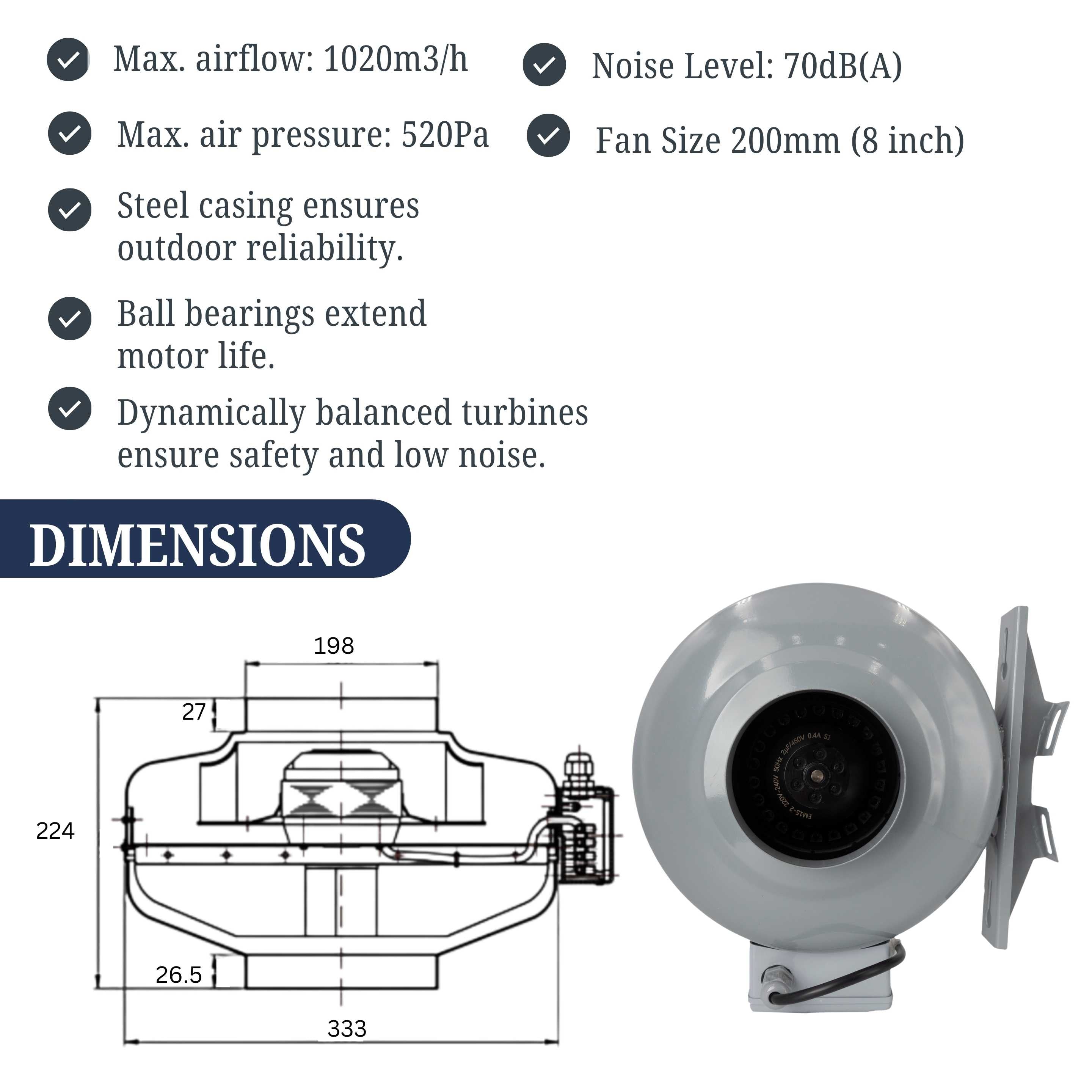 ASTBERG POWDER COATED CIRCULAR INLINE DUCT VENTILATION EXHAUST FAN 200MM 8" 1020CMH 600CFM)