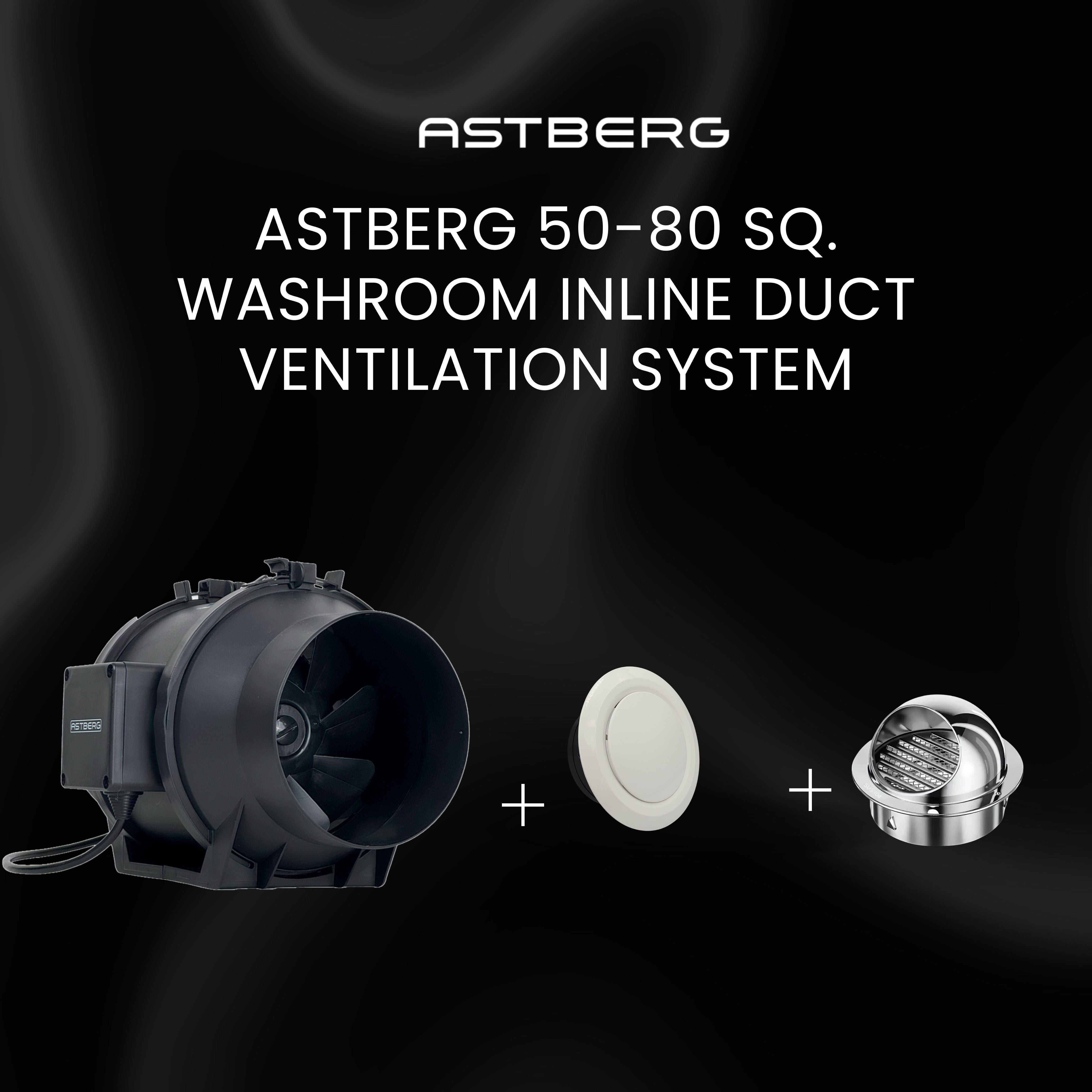ASTBERG 50-80 SQ. WASHROOM INLINE DUCT VENTILATION SYSTEM HORIZONTAL DUCT UPTO 15FT-20FT.