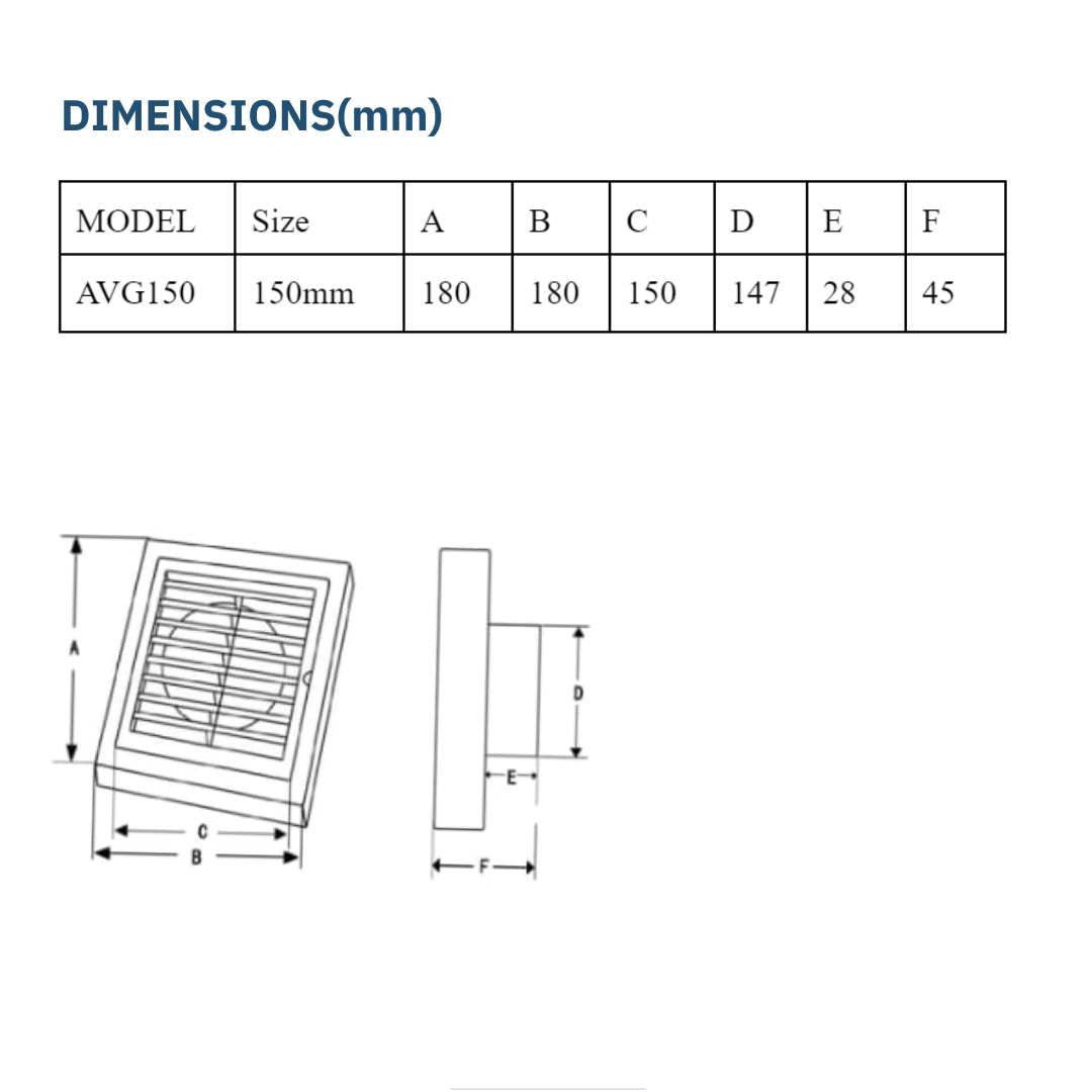 Astberg ABS OUTER SQUARE GRILL WITH MESH  150MM 6"