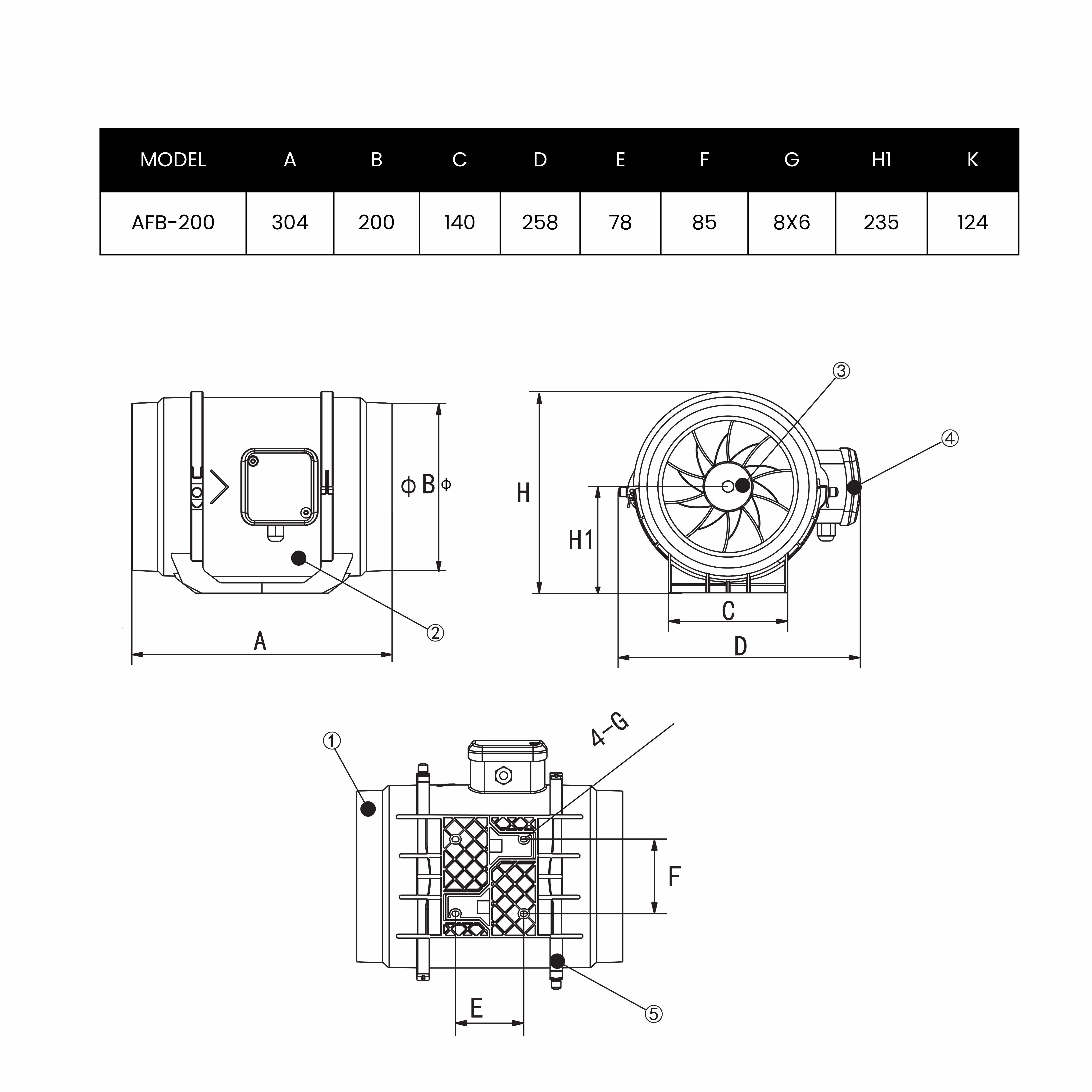 ASTBERG BLACK MIXFLOW CIRCULAR INLINE DUCT VENTILATION FAN WITH SWITCH AFB200 850CMH 200MM 8"