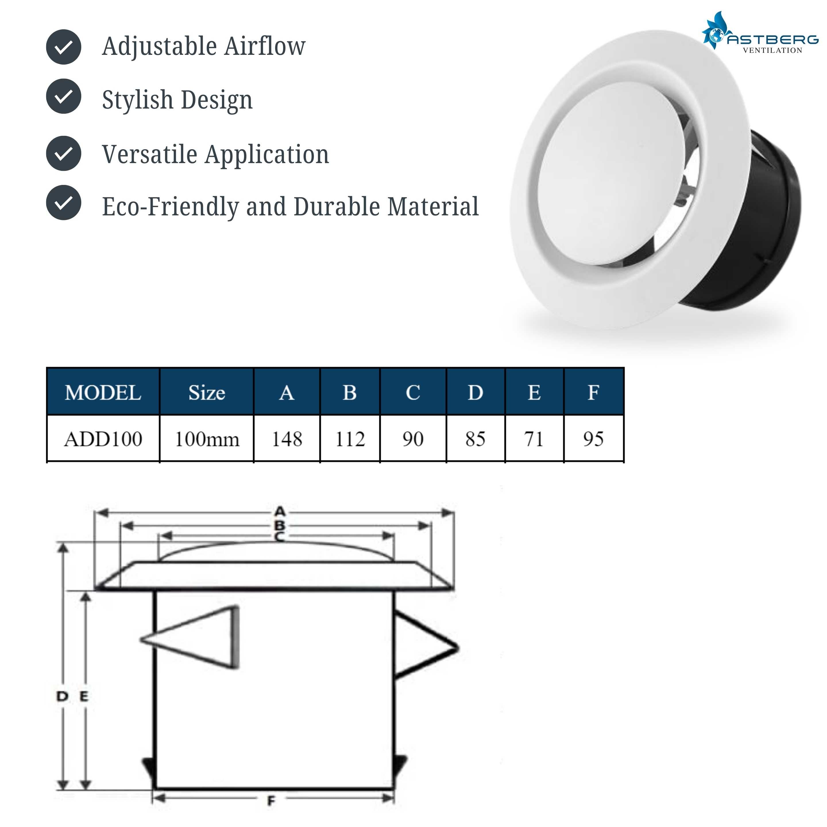 Astberg ABS DISK DIFFUSER VOLUMER CONTROLLER VALVE 100MM 4"