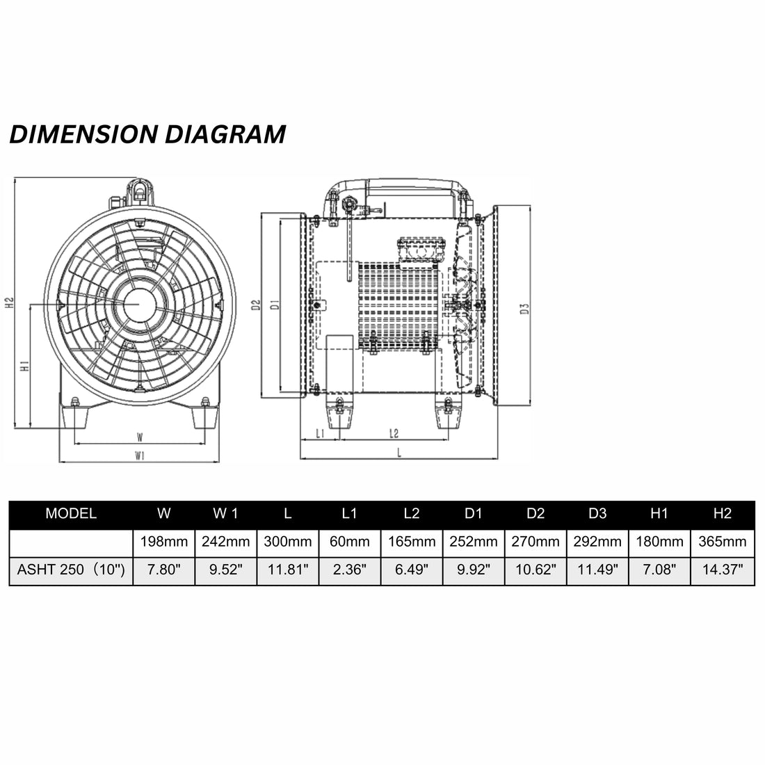 ASTBERG DUST COLLECTOR BLOWER EXHAUTPORTABLE INLINE DUCT VENTILATION BLOWER FAN ASHT-250 10" 2200CMH