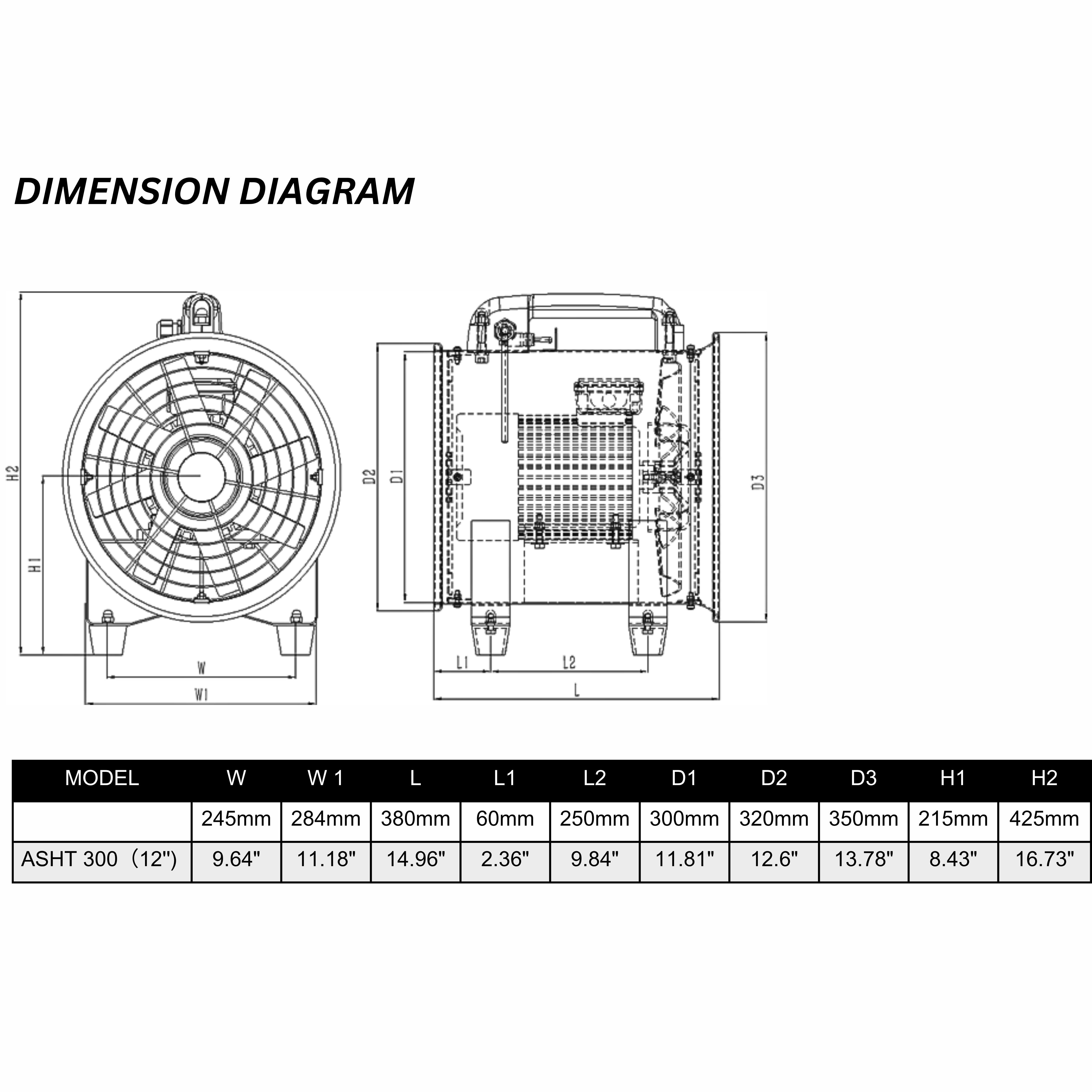 ASTBERG DUST COLLECTOR BLOWER EXHAUTPORTABLE INLINE DUCT VENTILATION BLOWER FAN  ASHT-300 12" 3200m3/h