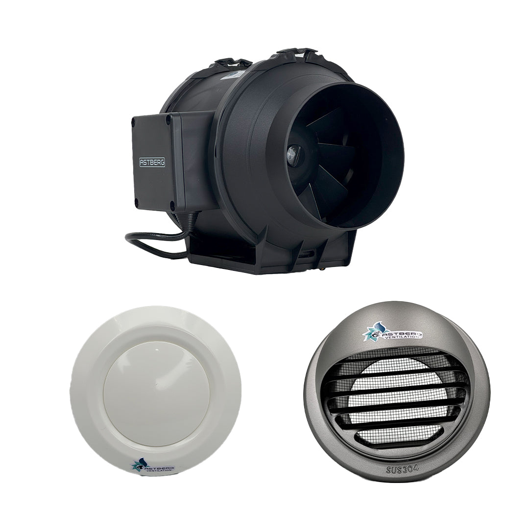 ASTBERG 30-50 SQ. WASHROOM INLINE DUCT VENTILATION SYSTEM HORIZONTAL DUCT UPTO 12FT.