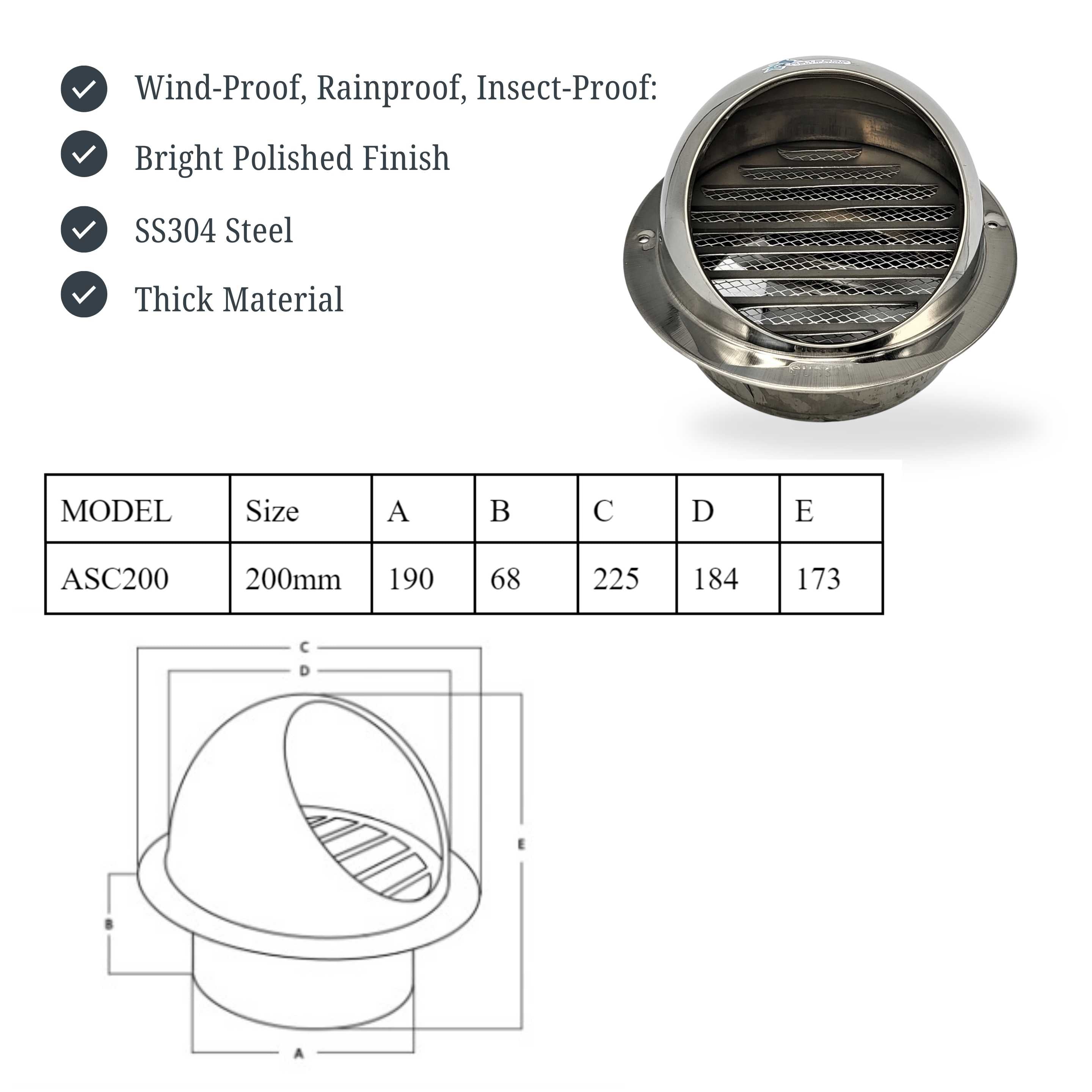 ASTBERG OUTER STEEL CHIMNEY COWL WITH MESH  200mm 8" SS304