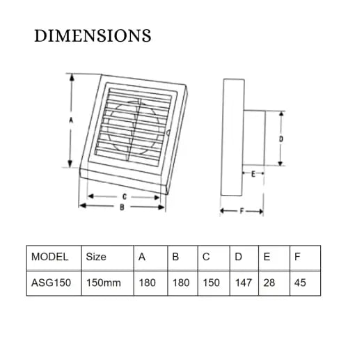 Astberg Outer Grill Abs 6" (150Mm)/Square Grill/Grill With Mesh/Pipe Grill/Chimney Grill/Exhaust Outer Lowers/Vent Cap/Vent Grill, White - Astberg Ventilation